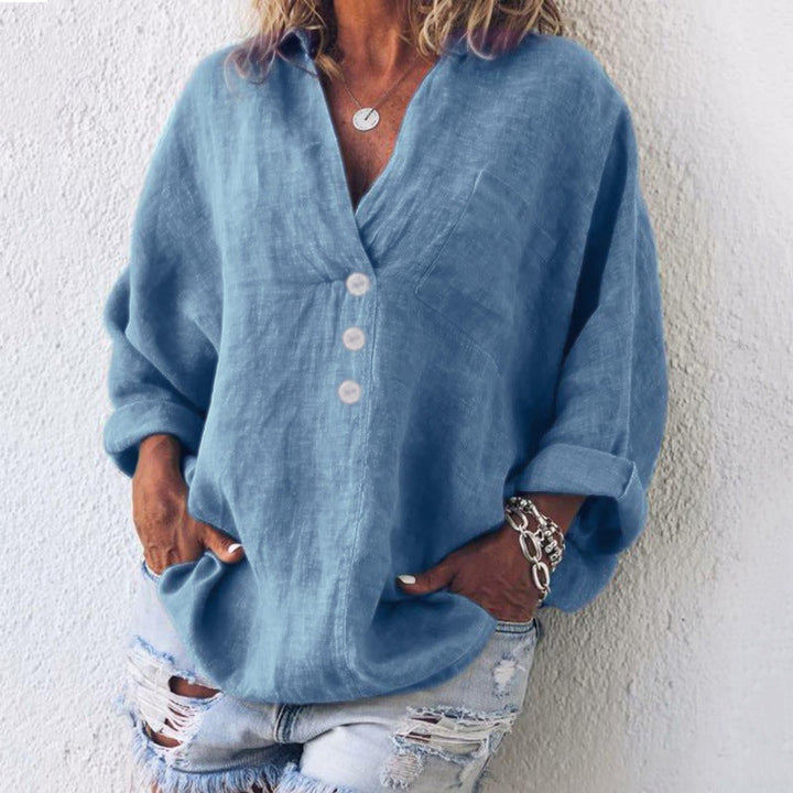 Women's Relaxed-Fit Cotton Linen Button-Up Sweater Shirt - Blue