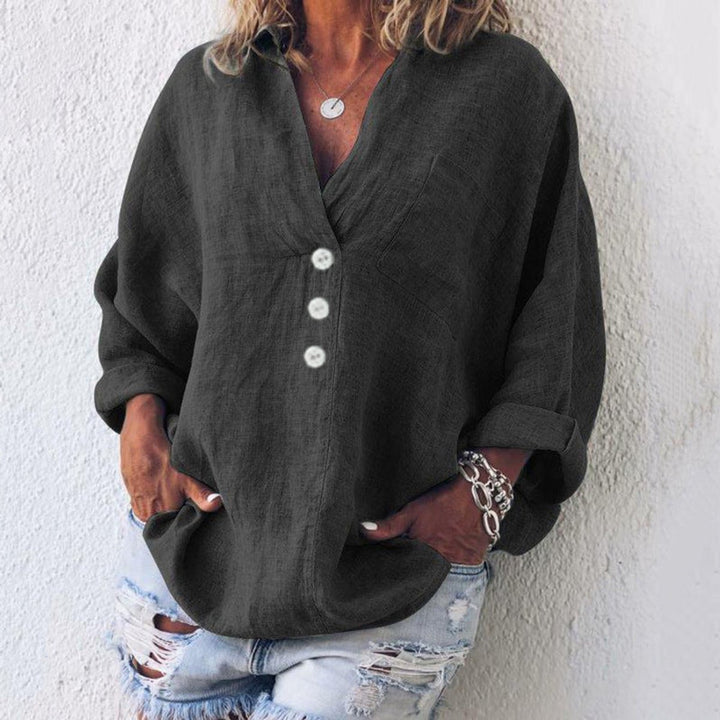 Women's Relaxed-Fit Cotton Linen Button-Up Sweater Shirt - Black