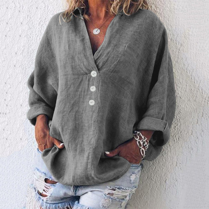 Women's Relaxed-Fit Cotton Linen Button-Up Sweater Shirt - Grey