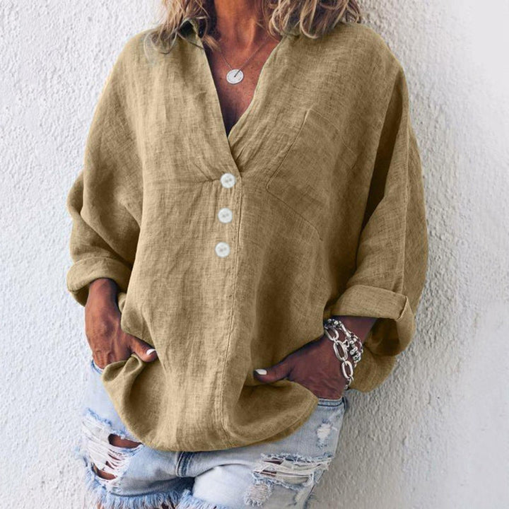 Women's Relaxed-Fit Cotton Linen Button-Up Sweater Shirt - Khaki