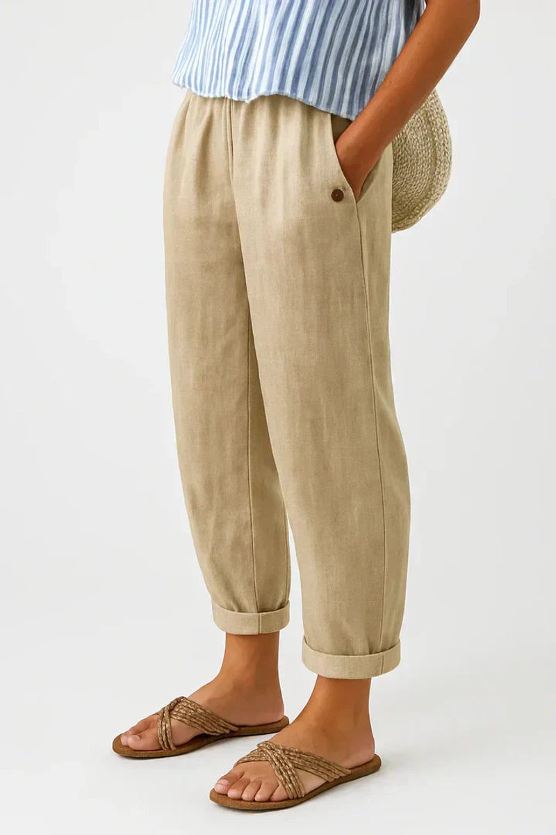 Women's Relaxed-Fit Elastic-Waist Cropped Linen Trousers - Beige