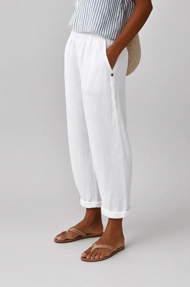 Women's Relaxed-Fit Elastic-Waist Cropped Linen Trousers - White