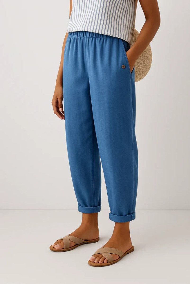 Women's Relaxed-Fit Elastic-Waist Cropped Linen Trousers - Blue