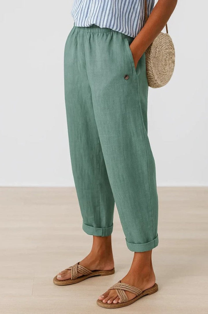 Women's Relaxed-Fit Elastic-Waist Cropped Linen Trousers - Turquoise