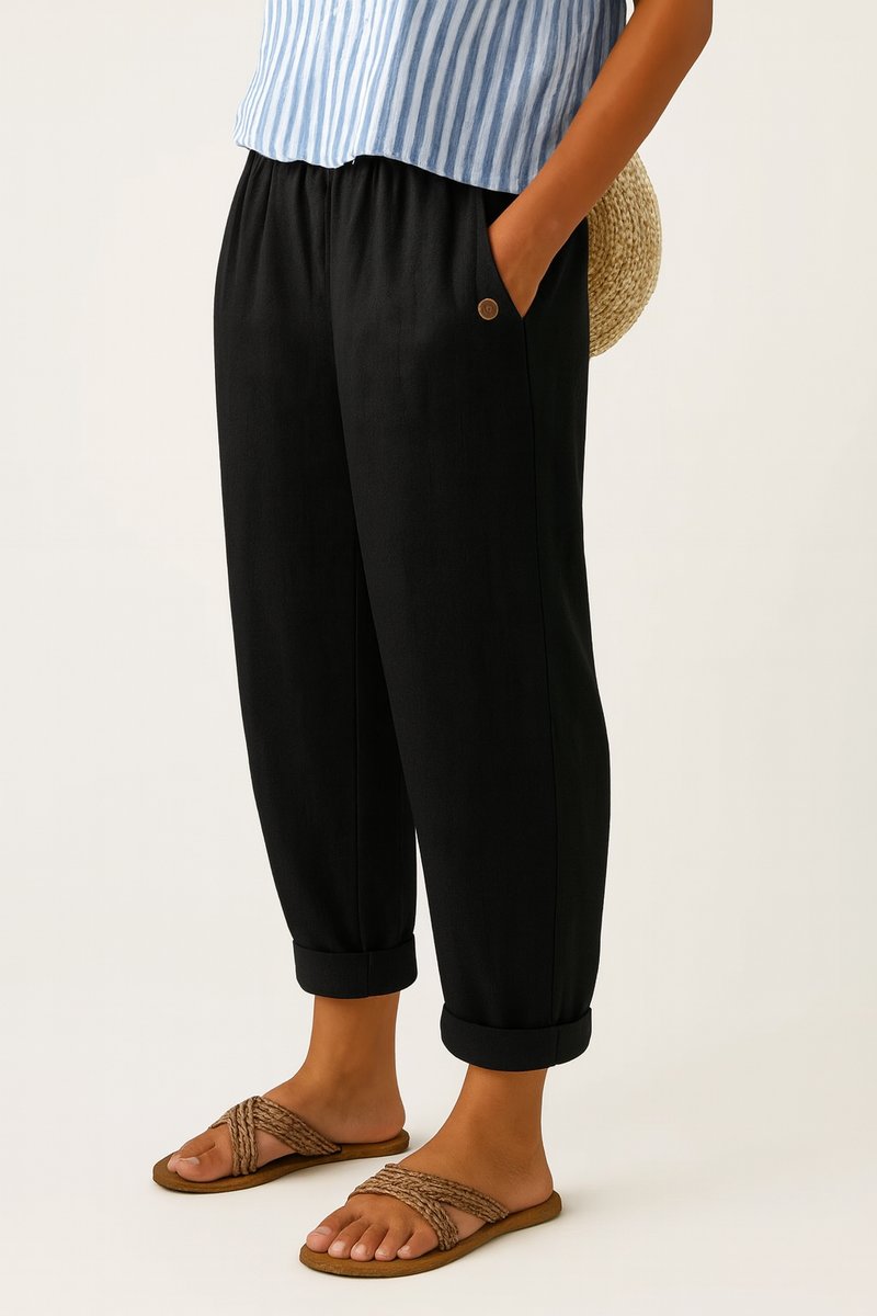Women's Relaxed-Fit Elastic-Waist Cropped Linen Trousers - Black