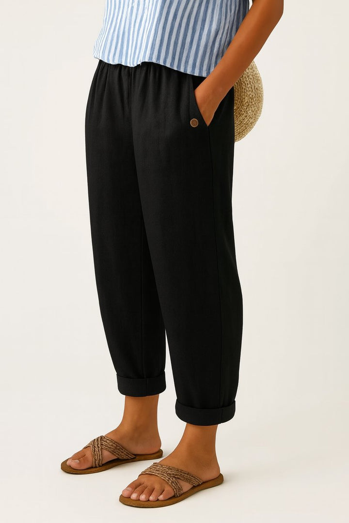 Women's Relaxed-Fit Elastic-Waist Cropped Linen Trousers - Black