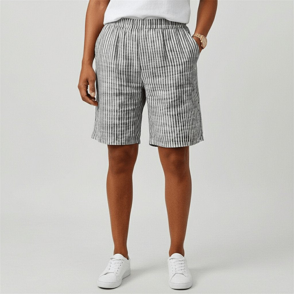 Women's Relaxed-Fit Elastic-Waist Striped Summer Shorts - Monochrome Grey