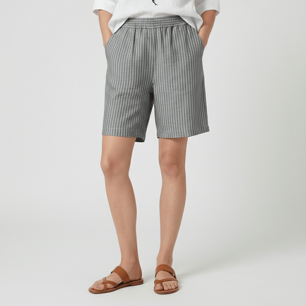 Women's Relaxed-Fit Elastic-Waist Striped Summer Shorts - Stone Grey