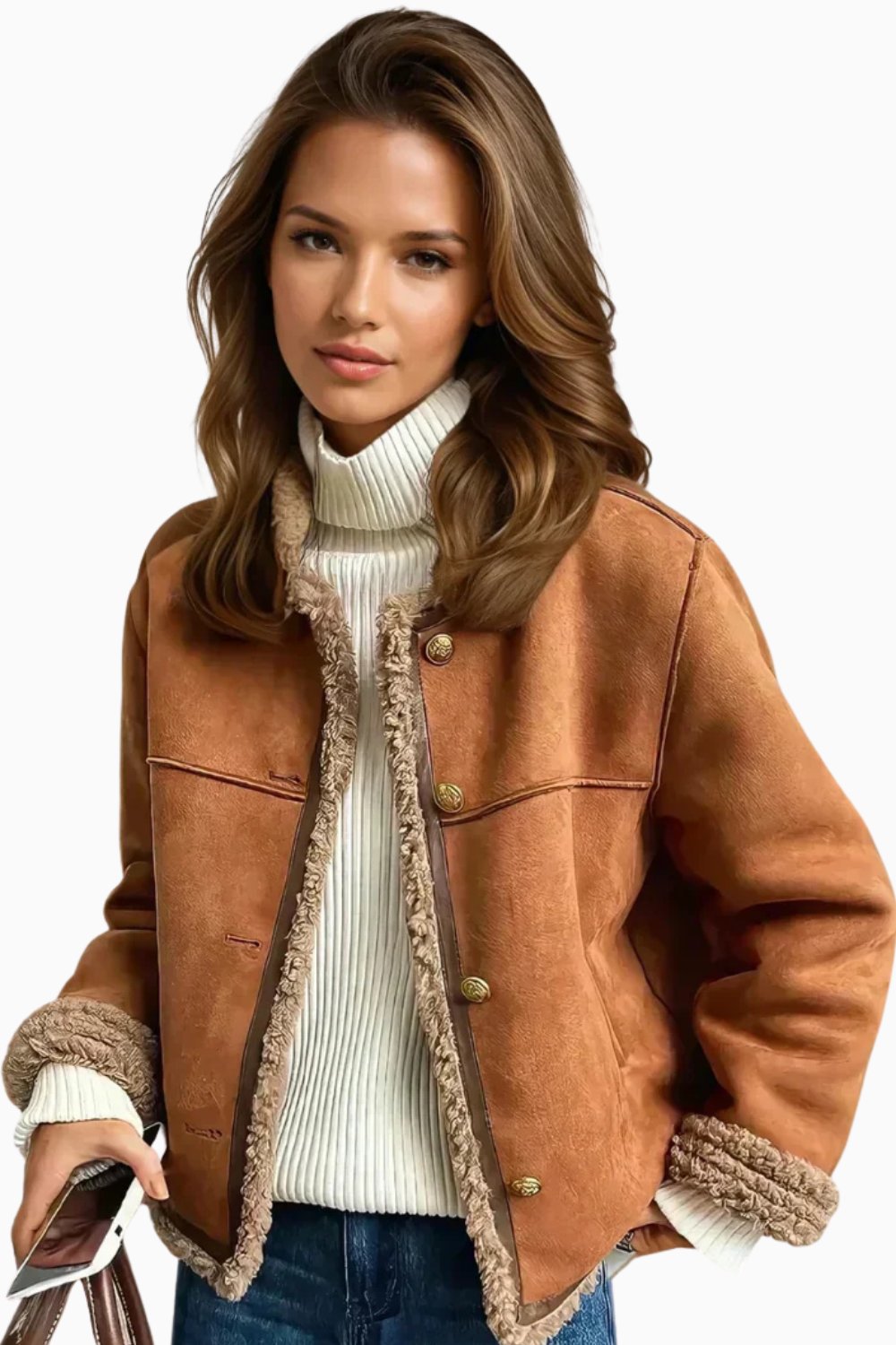 Women's Relaxed-Fit Faux Shearling Button-Front Cropped Jacket