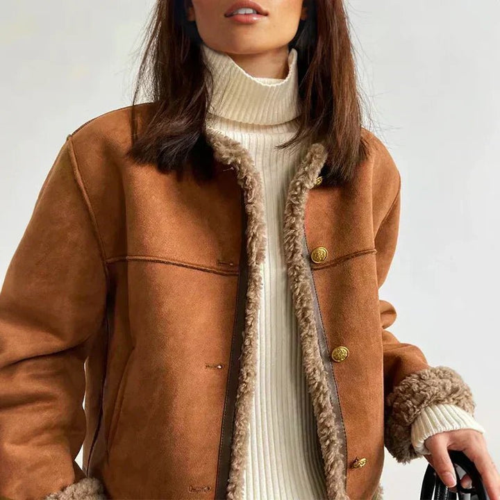 Women's Relaxed-Fit Faux Shearling Button-Front Cropped Jacket