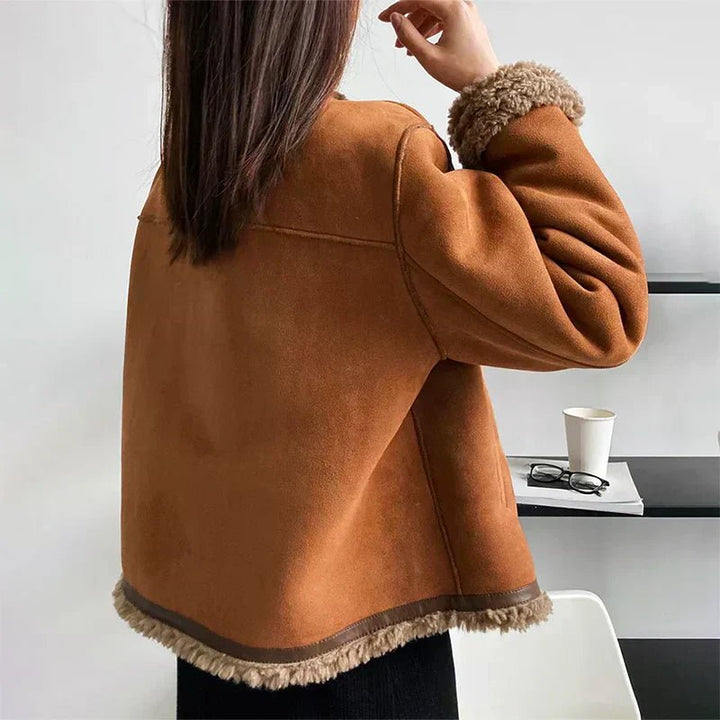 Women's Relaxed-Fit Faux Shearling Button-Front Cropped Jacket