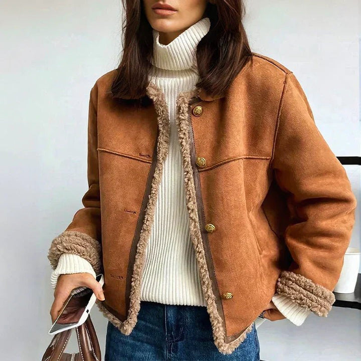 Women's Relaxed-Fit Faux Shearling Button-Front Cropped Jacket - Brown