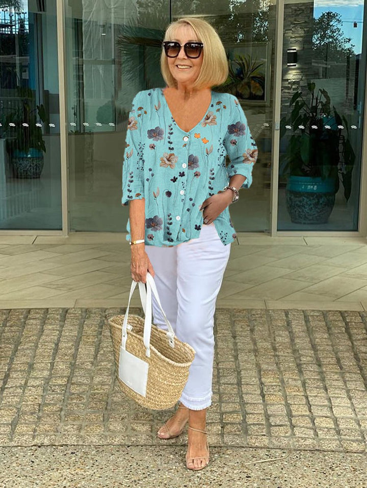 Women's Relaxed-Fit Floral Button-Front V-Neck Blouse - Blue