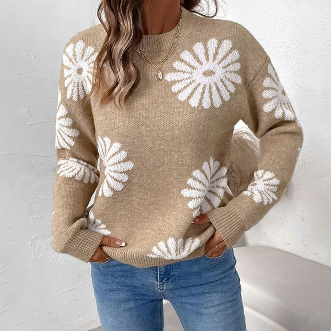 Women's Relaxed-Fit Floral Intarsia Knit Round-Neck Jumper - Khaki