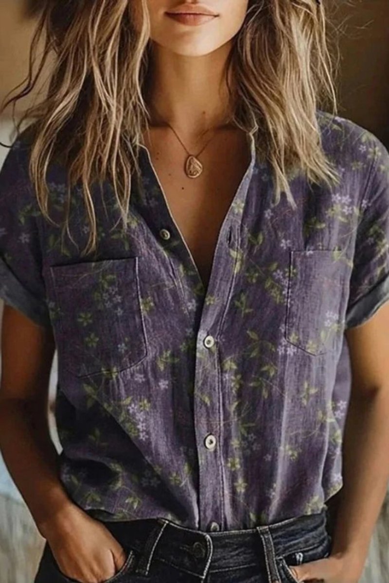 Women's Relaxed-Fit Floral Print Cotton Button-Down Blouse Short Sleeve