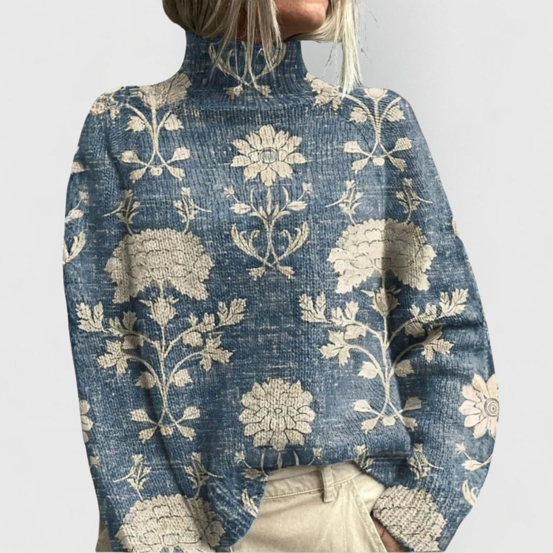 Women's Relaxed-Fit Floral Print Turtleneck Knit Jumper - Light Blue