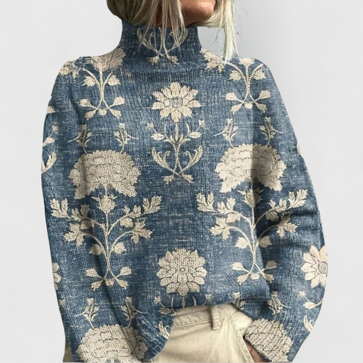 Women's Relaxed-Fit Floral Print Turtleneck Knit Jumper - Light Blue