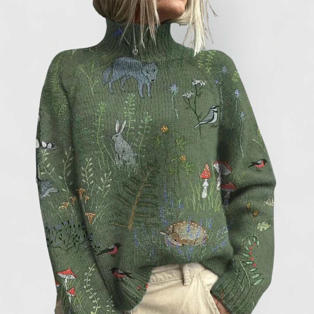 Women's Relaxed-Fit Floral Print Turtleneck Knit Jumper - Green