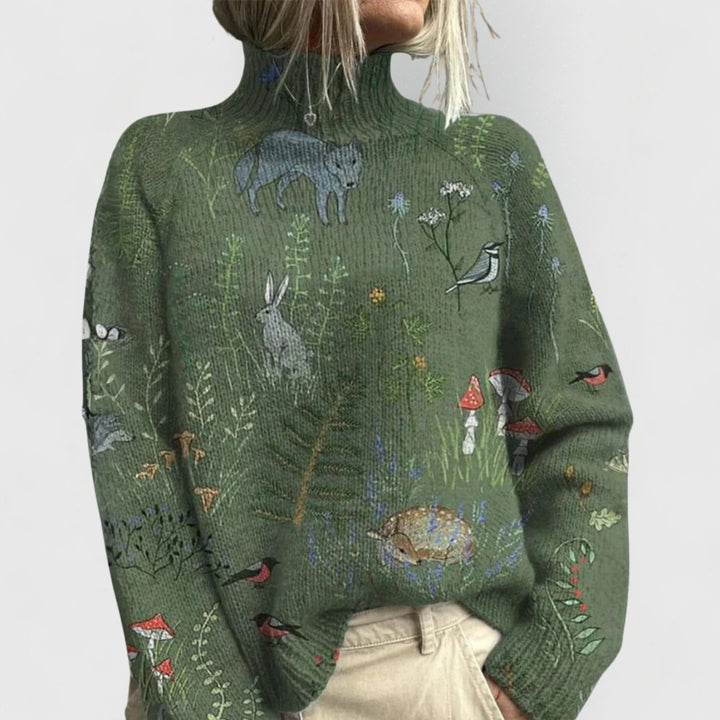 Women's Relaxed-Fit Floral Print Turtleneck Knit Jumper - Green