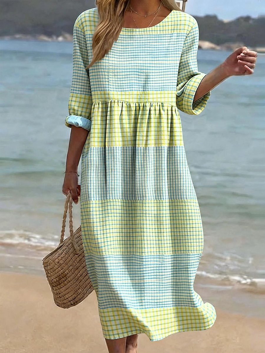 Women's Relaxed-Fit Half-Sleeve Round-Neck Printed Midi Dress - Checked