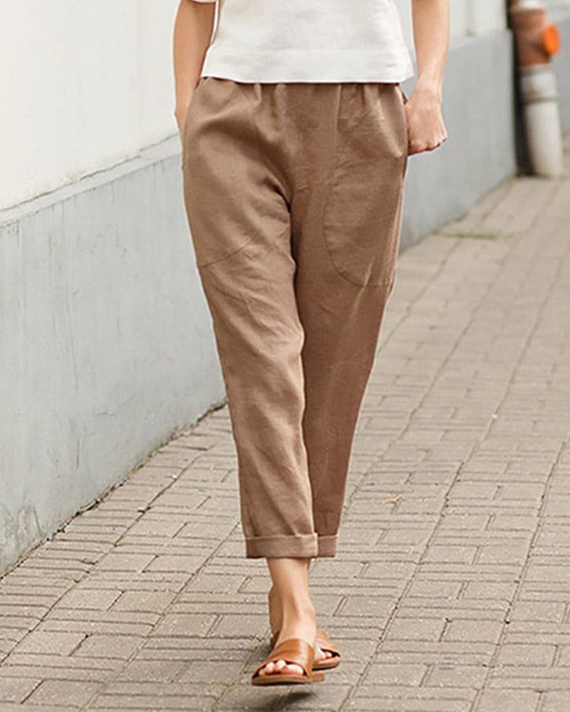 Women's Relaxed-Fit Linen Cotton Tapered Trousers - Khaki