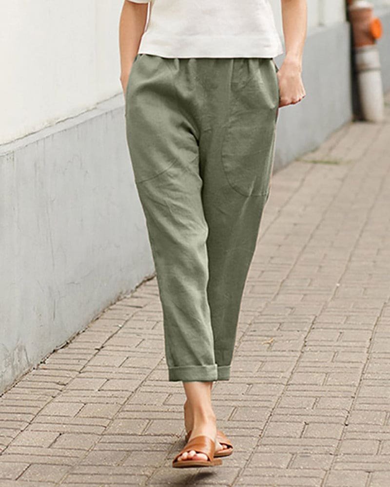 Women's Relaxed-Fit Linen Cotton Tapered Trousers - Green