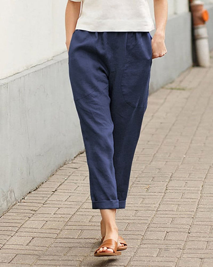 Women's Relaxed-Fit Linen Cotton Tapered Trousers - Dark Blue