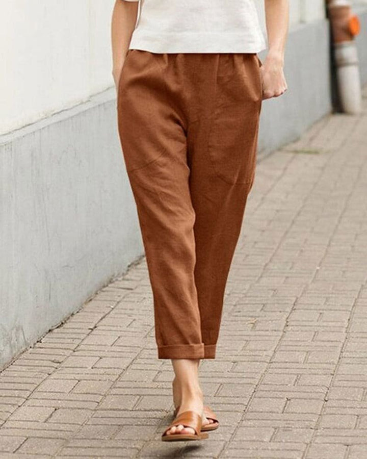 Women's Relaxed-Fit Linen Cotton Tapered Trousers - Brown