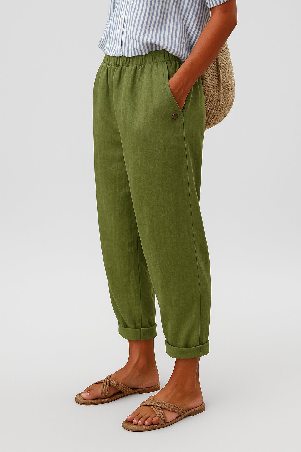 Women's Relaxed-Fit Linen-Look Trousers with Side Pockets - Green