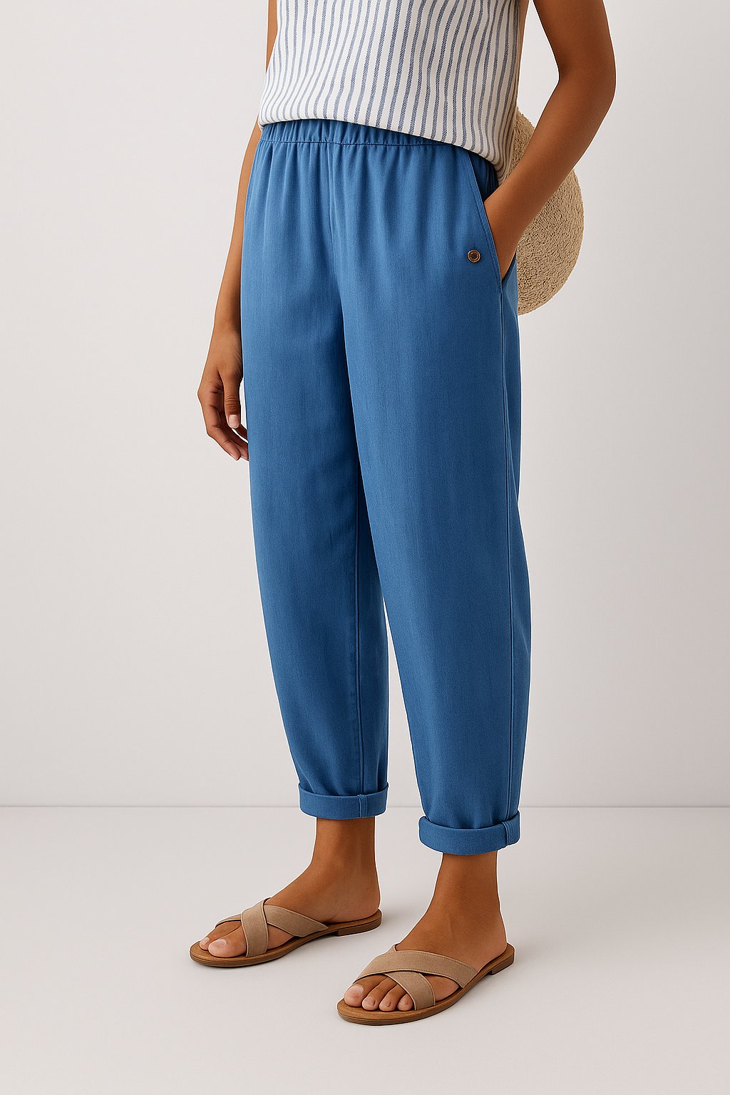 Women's Relaxed-Fit Linen-Look Trousers with Side Pockets - Blue