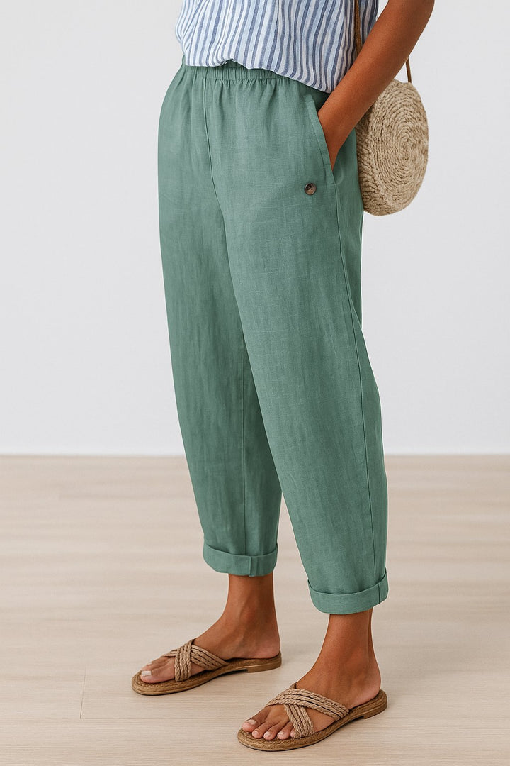 Women's Relaxed-Fit Linen-Look Trousers with Side Pockets - Light Green
