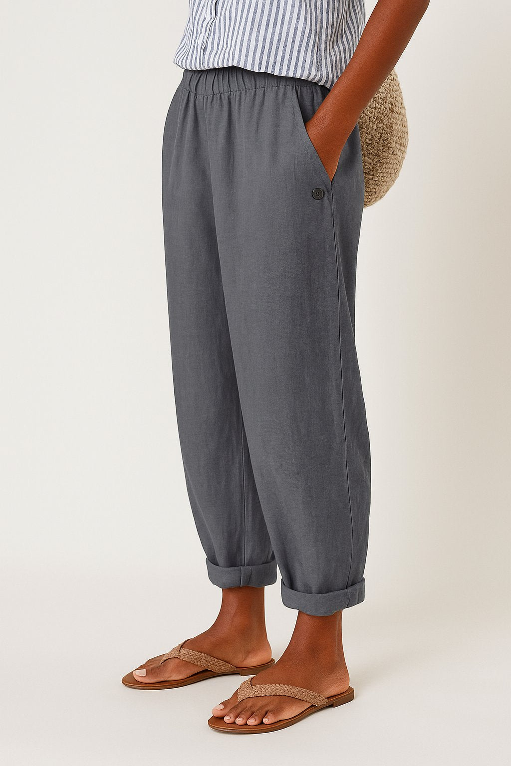 Women's Relaxed-Fit Linen-Look Trousers with Side Pockets - Gray