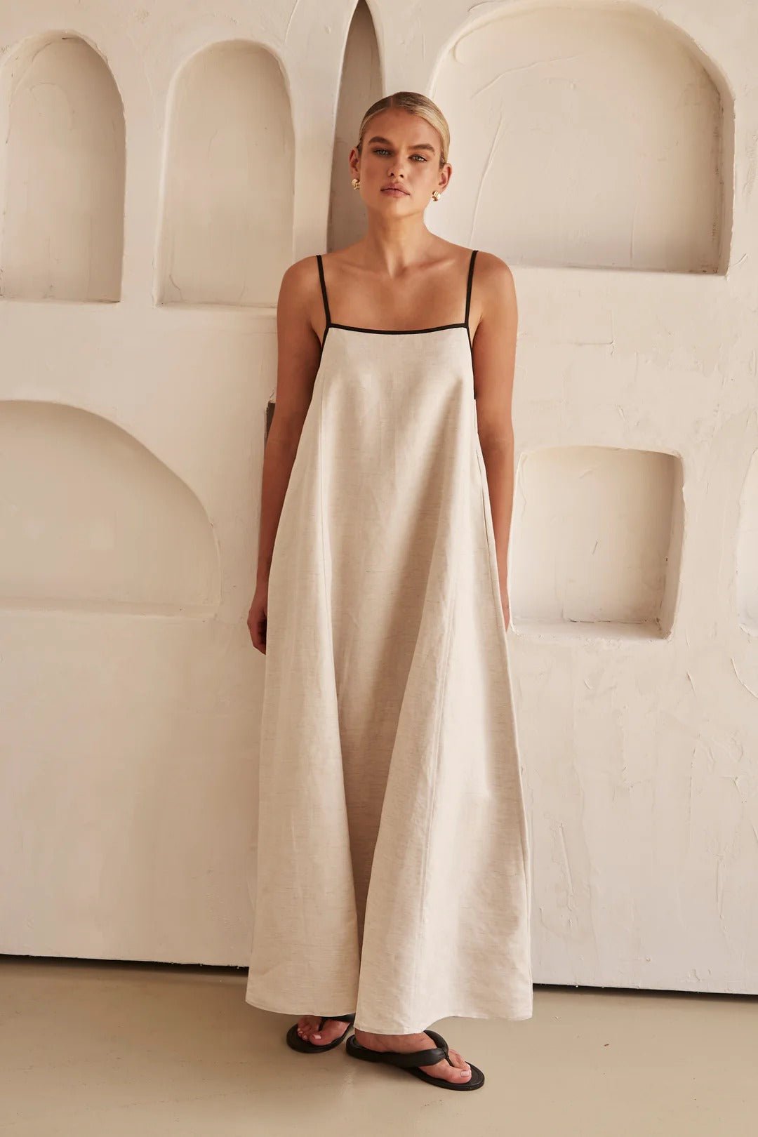 Women's Relaxed-Fit Linen Maxi Dress with Adjustable Straps - Cream