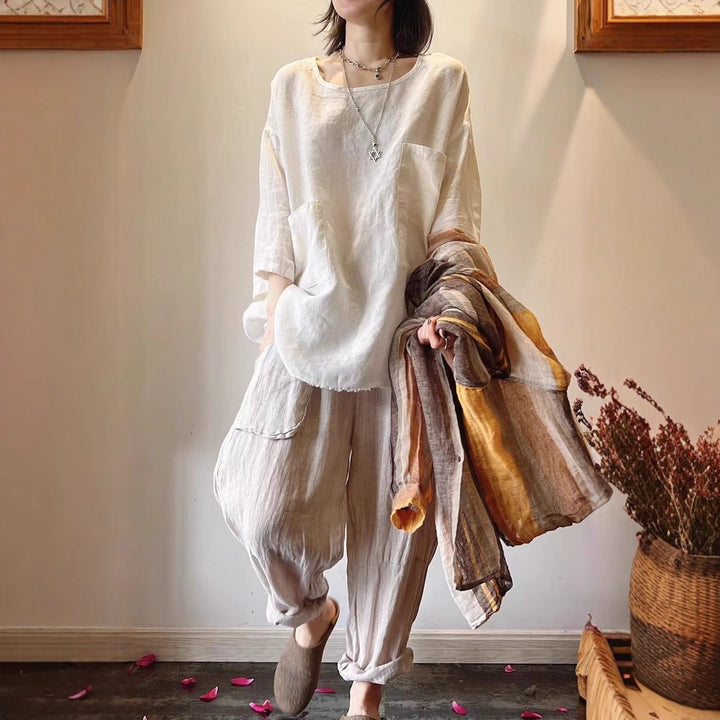Women's Relaxed-Fit Linen Three-Quarter Sleeve Patch Pocket Tunic