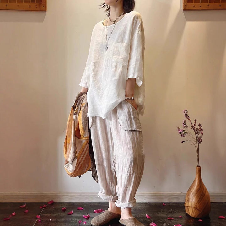 Women's Relaxed-Fit Linen Three-Quarter Sleeve Patch Pocket Tunic