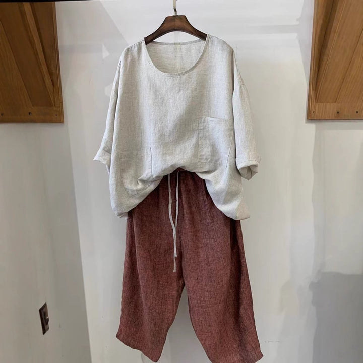 Women's Relaxed-Fit Linen Three-Quarter Sleeve Patch Pocket Tunic