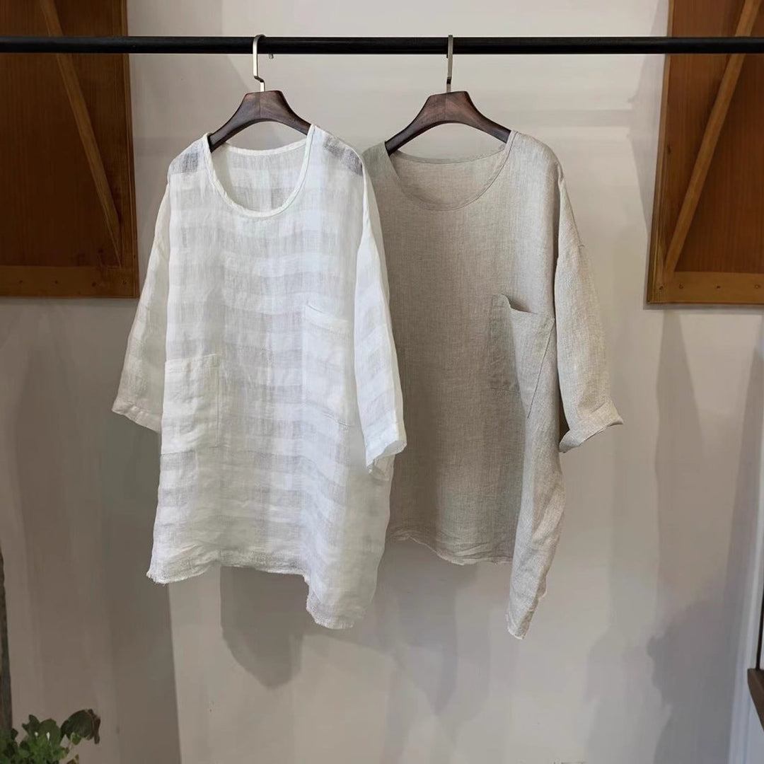 Women's Relaxed-Fit Linen Three-Quarter Sleeve Patch Pocket Tunic