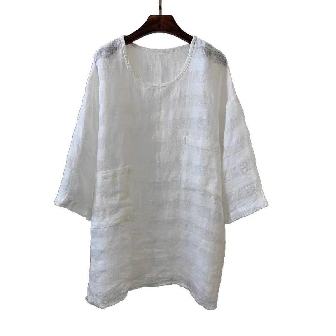 Women's Relaxed-Fit Linen Three-Quarter Sleeve Patch Pocket Tunic