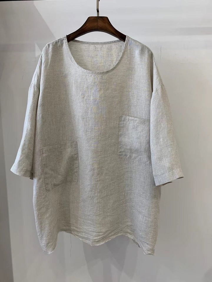 Women's Relaxed-Fit Linen Three-Quarter Sleeve Patch Pocket Tunic - 2
