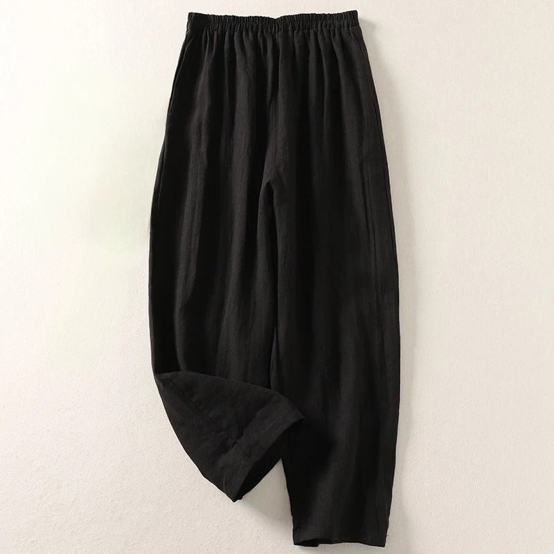 Women's Relaxed-Fit Linen Wide-Leg Trousers - Black
