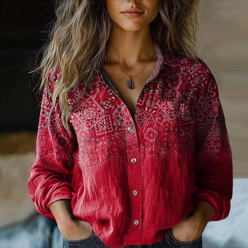 Women's Relaxed-Fit Long-Sleeve Paisley Print Bohemian Shirt - Red