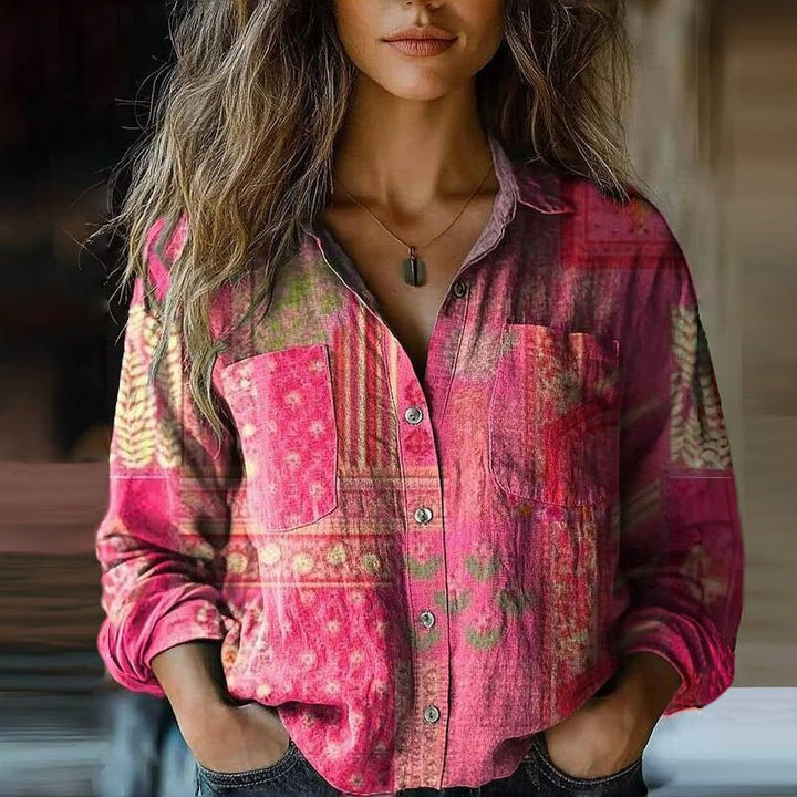 Women's Relaxed-Fit Long-Sleeve Paisley Print Bohemian Shirt - Pink