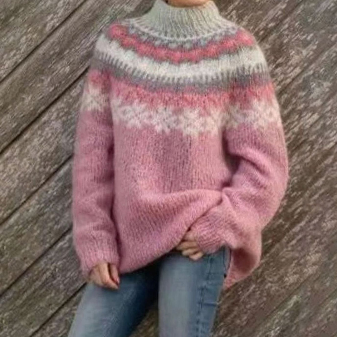 Women's Relaxed-Fit Nordic Fair Isle Pattern Sweater Jumper - Pink