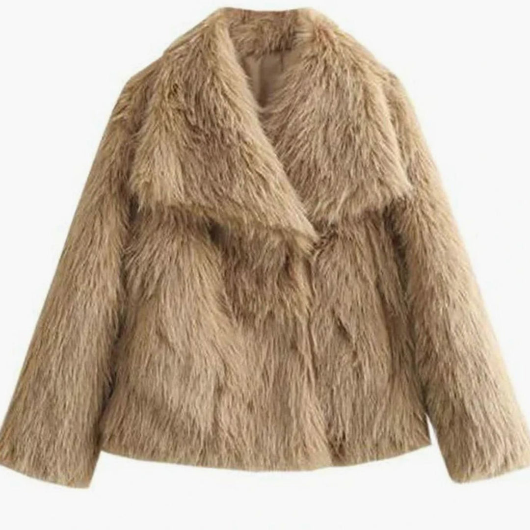 Women's Relaxed Fit Open Front Faux Fur Jacket - Beige