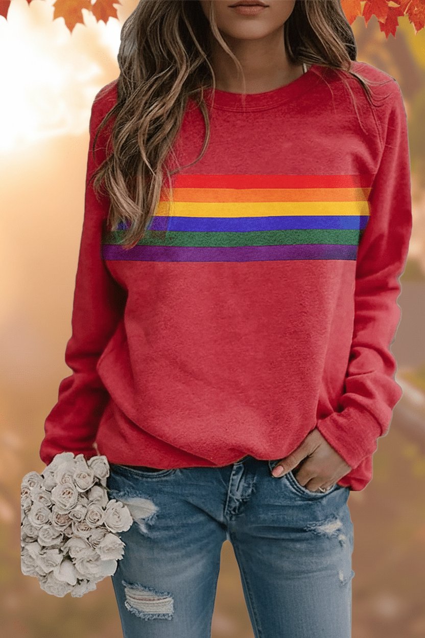 Women's Relaxed-Fit Rainbow Striped Crew-Neck Jumper - Red