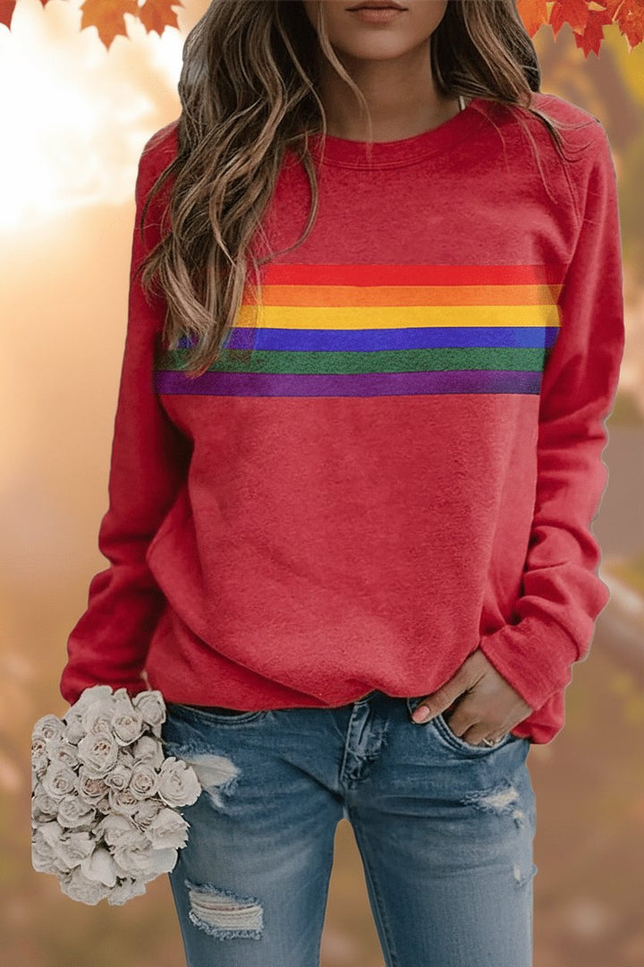 Women's Relaxed-Fit Rainbow Striped Crew-Neck Jumper - Red