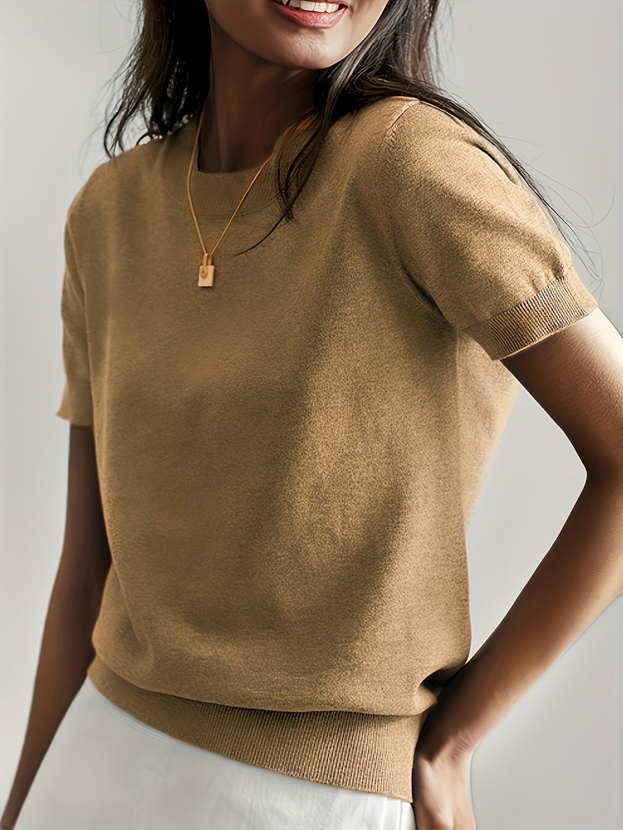 Women's Relaxed Fit Short Sleeve Knit Sweater Top - Earth Gold