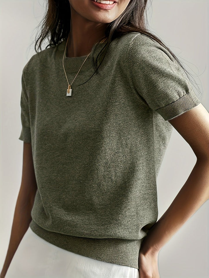 Women's Relaxed Fit Short Sleeve Knit Sweater Top - Olive