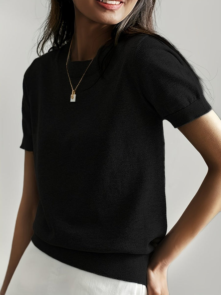 Women's Relaxed Fit Short Sleeve Knit Sweater Top - Black