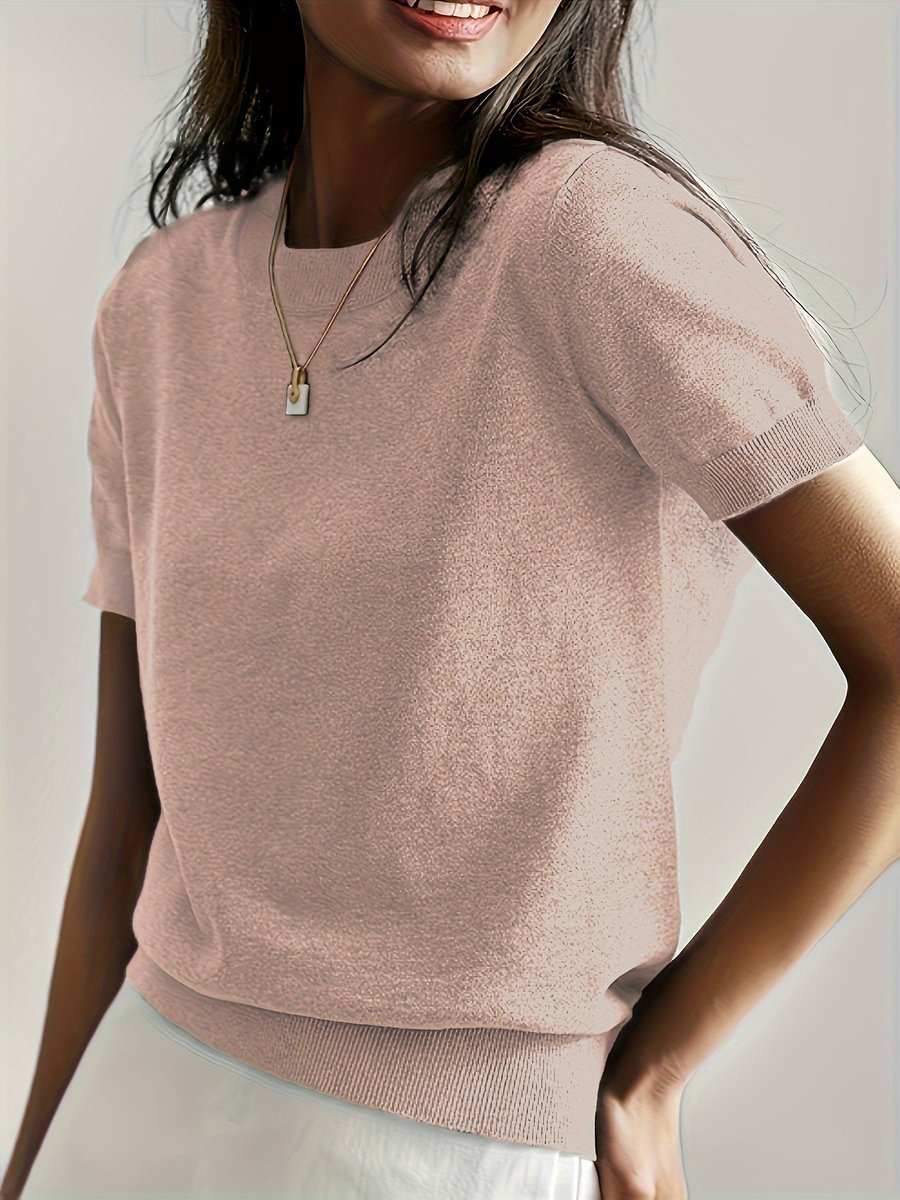 Women's Relaxed Fit Short Sleeve Knit Sweater Top - Peach
